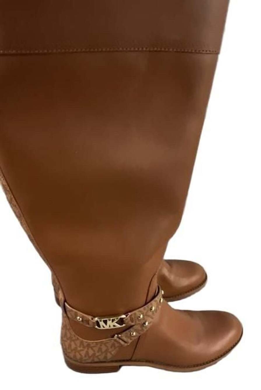 Michael Kors Leather Riding Boots Brown Luggage Gold Studs Logo MK